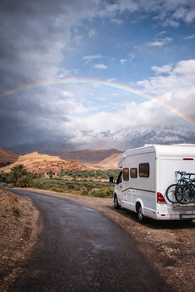 Rent a Camper Van in Morocco | Airport Transfers | Location camping-car Maroc : explorez le pays en liberté tout en respectant la météo Location camping-car Maroc sur route de montagne avec météo changeante, camping-car explorant le Maroc en toute liberté