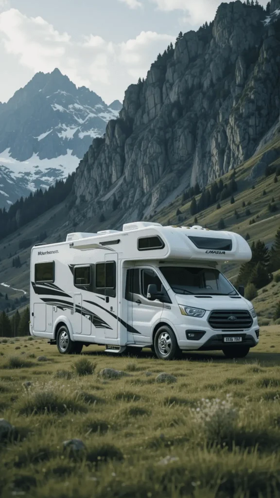 Rent a Camper Van in Morocco | Airport Transfers | Meilleures destinations road trip Maroc : Guide ultime en camping-car A modern campervan parked overlooking a spectacular valley in the High Atlas Mountains of Morocco, illustrating the best road trip destinations in Morocco