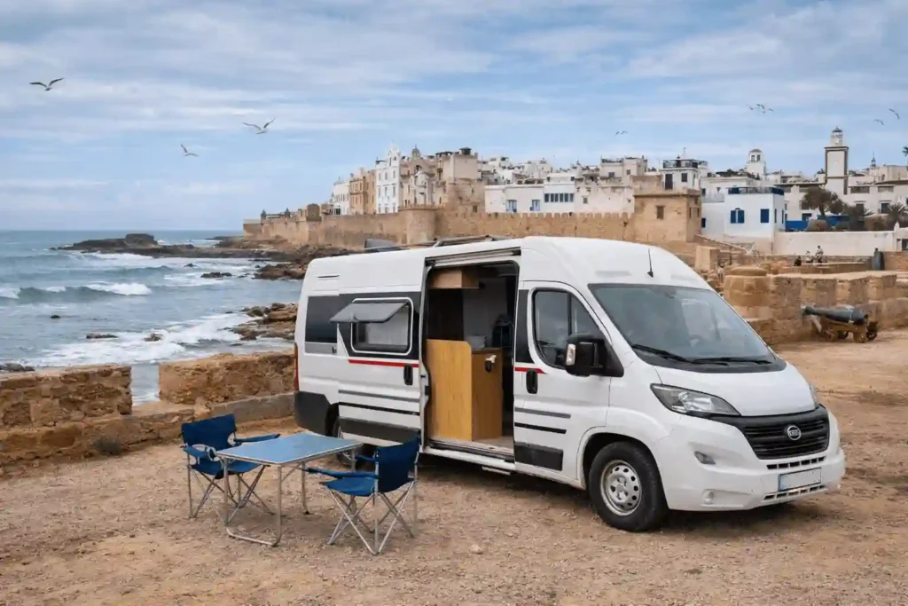 Rent a Camper Van in Morocco | Airport Transfers | Essaouira Road Trip Campervan: 10 Unmissable Things to Do for the Perfect Itinerary Essaouira road trip campervan parked on Atlantic coast Morocco